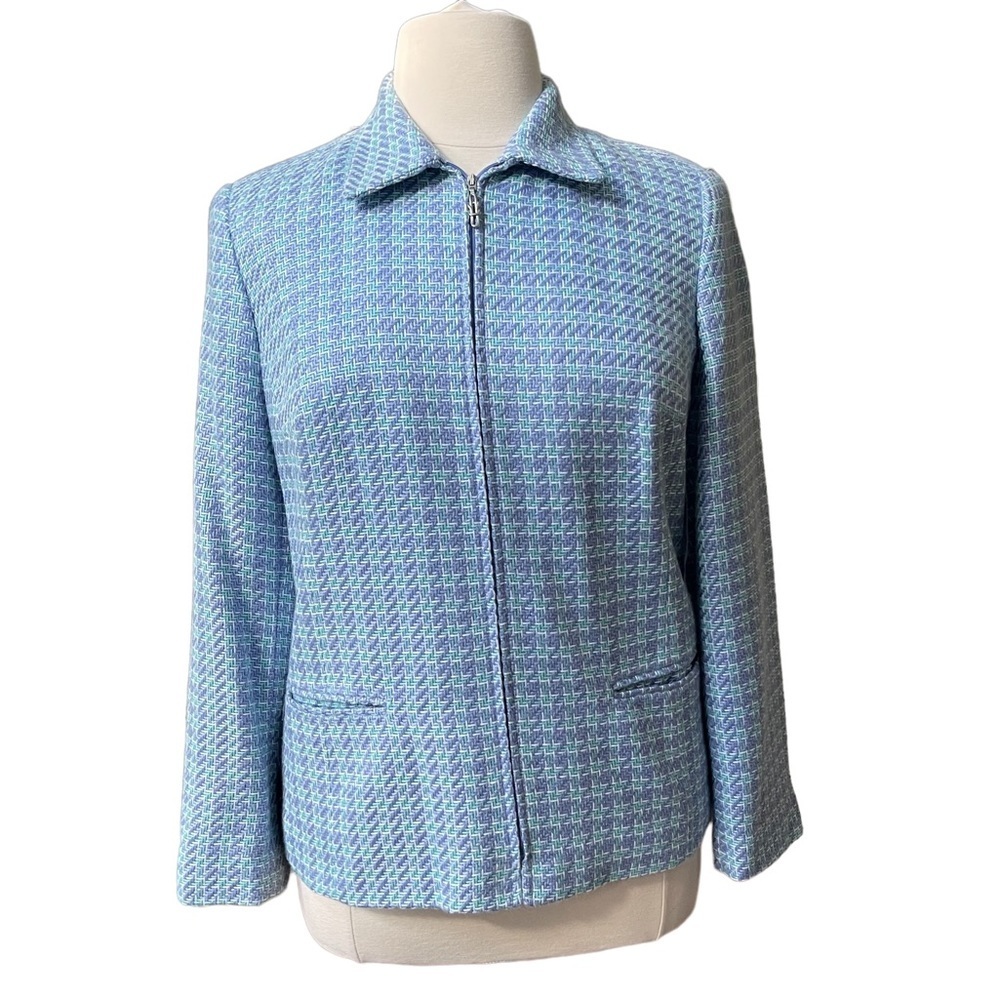 Vintage by Sag Harbor Blue Tweed Full Front‎ Zip Up Blazer Size: 14
